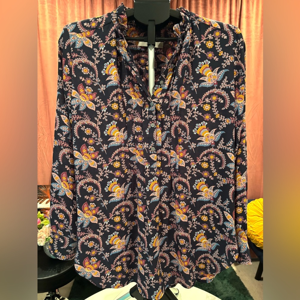 LOFT Navy Floral Print Blouse
